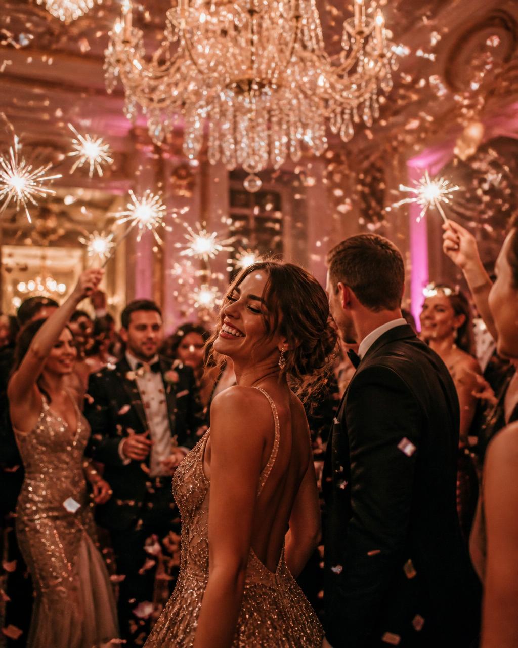 Boutique gala dance floor with sparklers and confetti